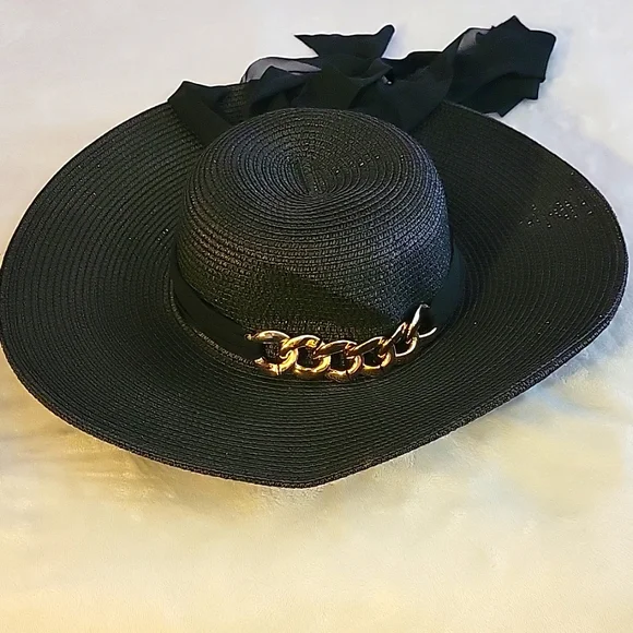 Black Sunhat w/ Gold chain & chiffon detail - Picture 1 of 4